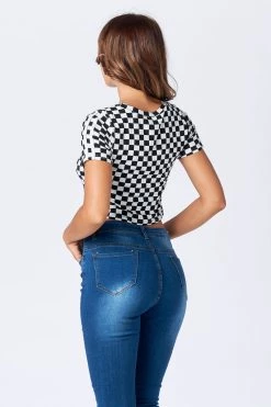 Lovemoda TOPS Short Sleeve Checkered Crop Top