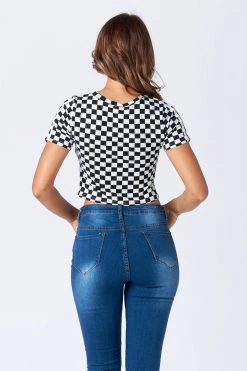 Lovemoda TOPS Short Sleeve Checkered Crop Top