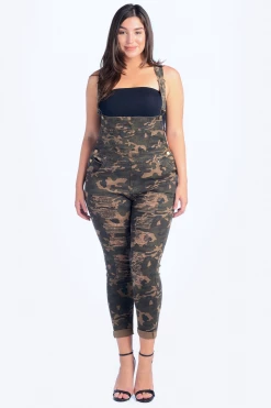 LOVE MODA Distressed Front Skinny Overalls - Plus Size