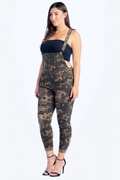 LOVE MODA Distressed Front Skinny Overalls - Plus Size