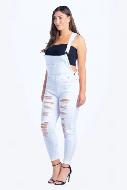 LOVE MODA Distressed Front Skinny Overalls - Plus Size