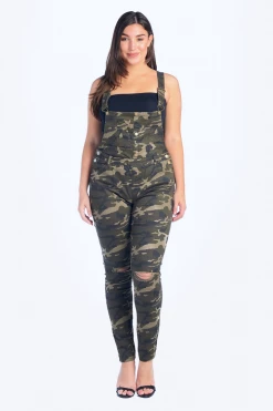 LOVE MODA DISTRESSED Knee Slit Skinny Overalls - Plus Size