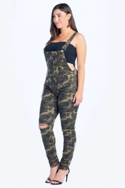 LOVE MODA DISTRESSED Knee Slit Skinny Overalls - Plus Size