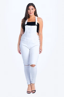 LOVE MODA DISTRESSED Knee Slit Skinny Overalls - Plus Size
