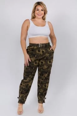 Love Moda High Waist Camo Cargo Pants With Belt - Plus Size