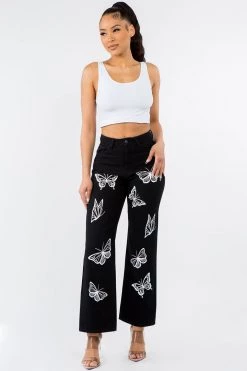 LOVE MODA Butterfly Print High Waist Wide Leg Denim Bell Bottom Jeans NEW ARRIVALS