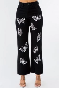 LOVE MODA Butterfly Print High Waist Wide Leg Denim Bell Bottom Jeans NEW ARRIVALS