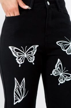 LOVE MODA Butterfly Print High Waist Wide Leg Denim Bell Bottom Jeans NEW ARRIVALS