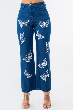 LOVE MODA Butterfly Print High Waist Wide Leg Denim Bell Bottom Jeans NEW ARRIVALS