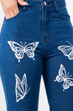 LOVE MODA Butterfly Print High Waist Wide Leg Denim Bell Bottom Jeans NEW ARRIVALS