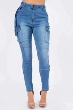 LOVE MODA High Waist Denim Cargo Style Skinny Jeans W/ Belt Trim