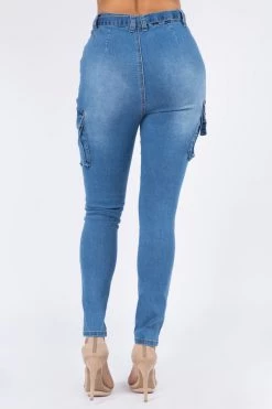 LOVE MODA High Waist Denim Cargo Style Skinny Jeans W/ Belt Trim