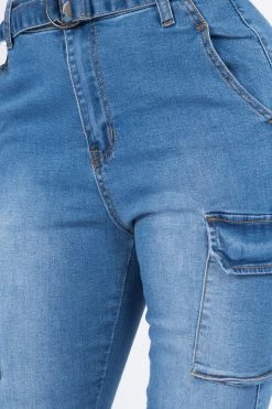 LOVE MODA High Waist Denim Cargo Style Skinny Jeans W/ Belt Trim