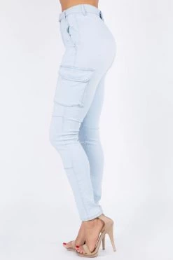 LOVE MODA High Waist Denim Cargo Style Skinny Jeans W/ Belt Trim