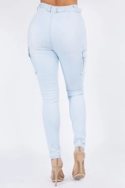 LOVE MODA High Waist Denim Cargo Style Skinny Jeans W/ Belt Trim