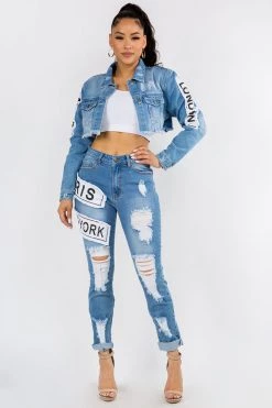 LOVE MODA MATCHING SETS Fashion Tour Patch Cropped Hoodie Jacket & Skinny Jeans Set