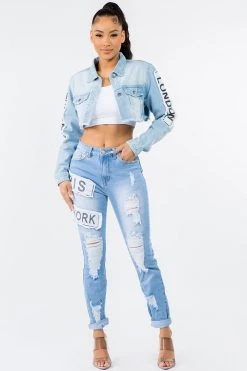 LOVE MODA MATCHING SETS Fashion Tour Patch Cropped Hoodie Jacket & Skinny Jeans Set