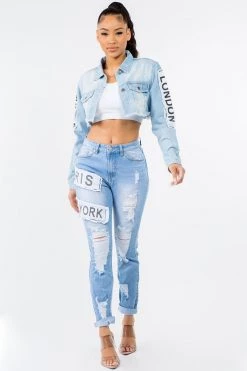 LOVE MODA MATCHING SETS Fashion Tour Patch Cropped Hoodie Jacket & Skinny Jeans Set