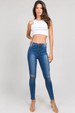 LOVE MODA Basic Denim Knee Slit Skinny Jeans