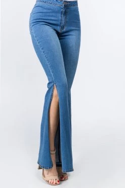 LOVE MODA High Rise Flared Trim Side Slit Bell Bottom Skinny Jeans