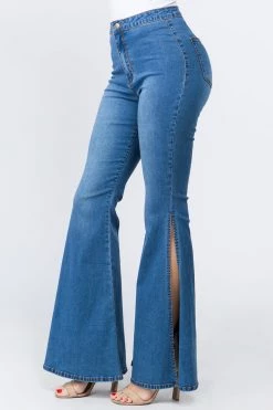 LOVE MODA High Rise Flared Trim Side Slit Bell Bottom Skinny Jeans