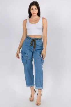 Love Moda High Waist Roll Up Cargo Pants With Belt BOTTOMS