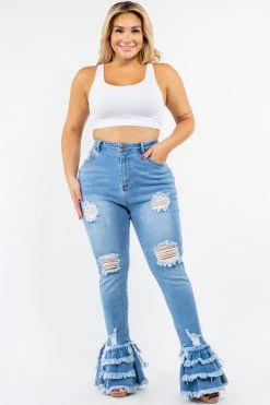 LOVE MODA High Waist Fringed Flare Jeans - Plus Size