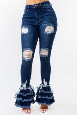 LOVE MODA High Waist Fringed Flare Jeans - Plus Size