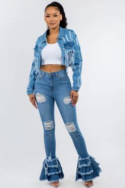 LOVE MODA High Waist Fringed Flare Jeans