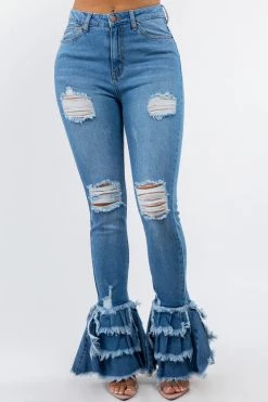 LOVE MODA High Waist Fringed Flare Jeans