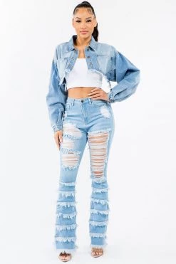 LOVE MODA High Waist Layer Hem Stretch Flare Jeans