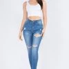 LOVE MODA Distressed Washed Denim Skinny Jeans