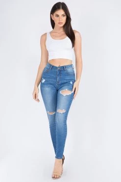 LOVE MODA Distressed Washed Denim Skinny Jeans