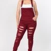 LOVE MODA Distressed Front Skinny Overalls - Plus Size
