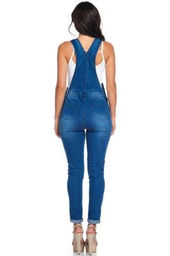 LOVE MODA Distressed Stretch Denim Overalls