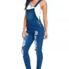 LOVE MODA Distressed Stretch Denim Overalls