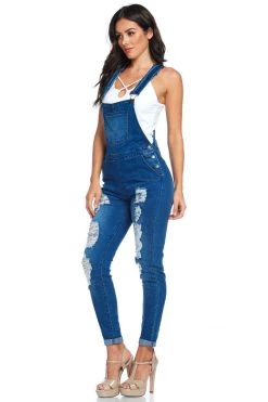 LOVE MODA Distressed Stretch Denim Overalls