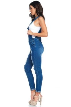 LOVE MODA Distressed Stretch Denim Overalls