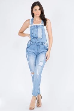 LOVE MODA Light Wash Distressed Denim Overalls