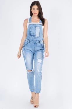 LOVE MODA Light Wash Distressed Denim Overalls