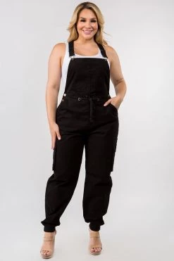 LOVE MODA Relaxed Full Length Cargo Overalls W/ Drawstring Waist - Plus Size