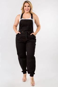LOVE MODA Relaxed Full Length Cargo Overalls W/ Drawstring Waist - Plus Size