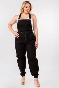 LOVE MODA Relaxed Full Length Cargo Overalls W/ Drawstring Waist - Plus Size