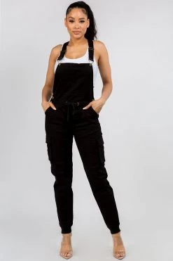LOVE MODA Relaxed Full Length Cargo Overalls W/ Drawstring Waist BEST SELLERS