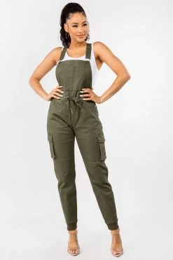LOVE MODA Relaxed Full Length Cargo Overalls W/ Drawstring Waist - Plus Size