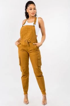 LOVE MODA Relaxed Full Length Cargo Overalls W/ Drawstring Waist - Plus Size