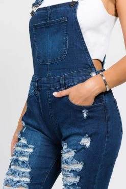 LOVE MODA Distressed Long Skinny Denim Overalls