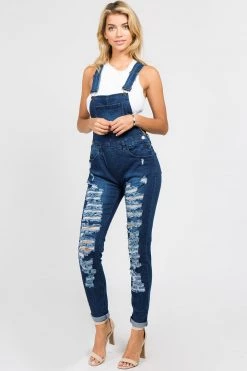 LOVE MODA Distressed Long Skinny Denim Overalls