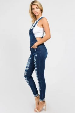 LOVE MODA Distressed Long Skinny Denim Overalls