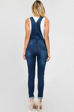 LOVE MODA Distressed Long Skinny Denim Overalls